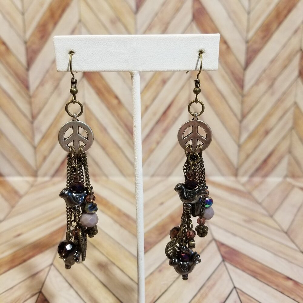 Bronze Peace Sign Chain Beaded Earrings